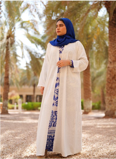 Buy Abaya Open Chicks Dot Design Cloth V-Open Neck with White in Saudi Arabia