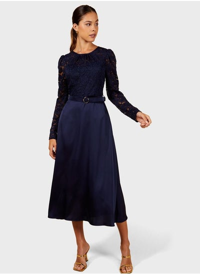 Buy Lace Top Belted Midi Dress in UAE