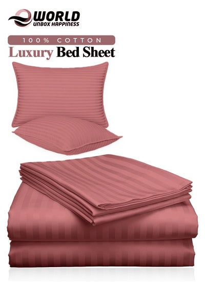 Buy 3 Piece Luxury Maroon Striped Bed Sheet Set with 1 Flat Sheet and 2 Pillowcases for Hotel and Home Crafted from Ultra Soft and Breathable Cotton for Year-Round Comfort, (Single/Double) in UAE