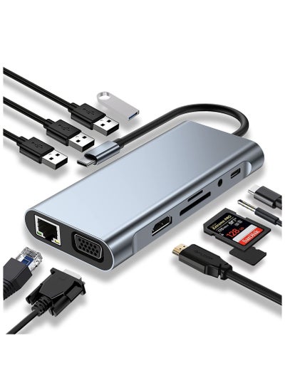 Buy USB C HUB, USB C Adapter 11 in 1 Dongle with 4K HDMI, VGA, Type C PD, USB3.0, RJ45 Ethernet, SD/TF Card Reader, 3.5mm AUX, Docking Station Compatible with MacBook Pro/Air, Other Type C Laptops Devices in UAE