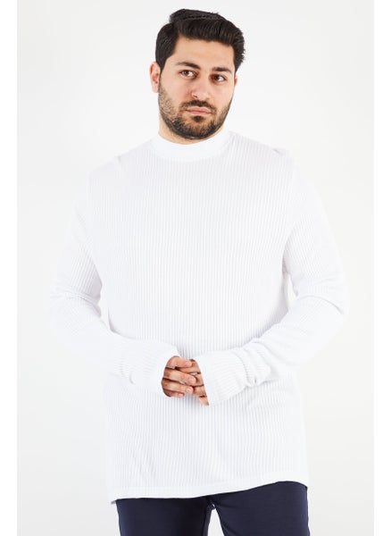 اشتري Men Mock Neck Long Sleeves Ribbed T-Shirt, White في الامارات