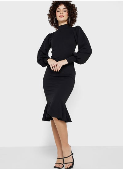 Buy High Neck Ruffle Hem Dress in Saudi Arabia