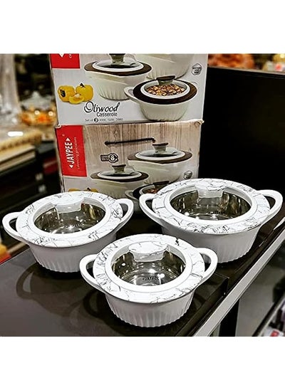 اشتري Oliwood Glass Lid Casserole Set Of 3 Pieces 1000 Plus 1500 Plus 2000Ml Super Glossy Premium Finish High Quality With White Color Base White Marble في السعودية