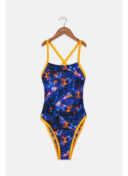 Buy Women Non Padded Printed Sleeveless One Piece, Blue and Orange in Saudi Arabia