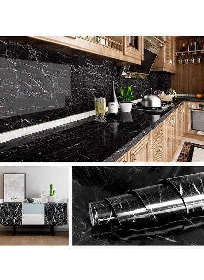 Buy Marble Paper Self Adhesive Wallpaper Waterproof Gloss PVC Vinyl Oil Proof Granite Paper Black Marble Vinyl Paper for Furniture Cover Surface Countertop Kitchen Shelf Liner 40cm x 500cm in UAE