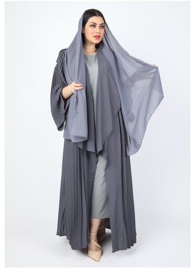 Buy Maxi  Plissé Abaya with Long Wide Sleeves ,Grey in Saudi Arabia