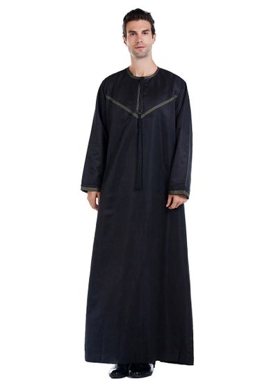 اشتري Mens Solid Color Round Collar Long Sleeve Abaya Robe Islamic Arabic Kaftan Black في السعودية