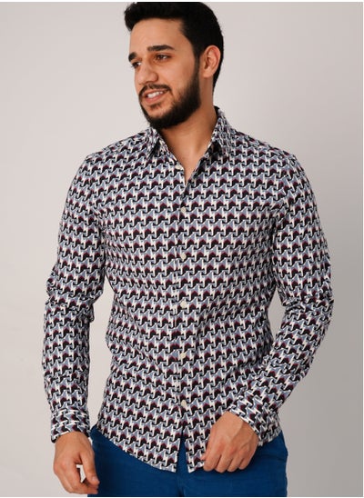 Buy Men’s Bright White And Blue Printed Shirt in Bright White in UAE