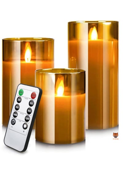 Buy LED Flameless Candles – Battery Operated with Flickering Wick & Real Wax, Gold Glass Pillar, Timer & Remote Control, 4" 5" 6" Set of 3 in UAE