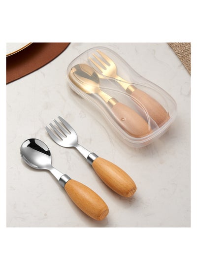 اشتري Kid Utensil Set, Kids Silverware Baby Forks and Spoons Set with Round Handle, Portable Travel Cutlery Set, Wooden Stainless Steel Toddler Safe Fork Spoon (Golden+Silver, 4 Pieces) في السعودية