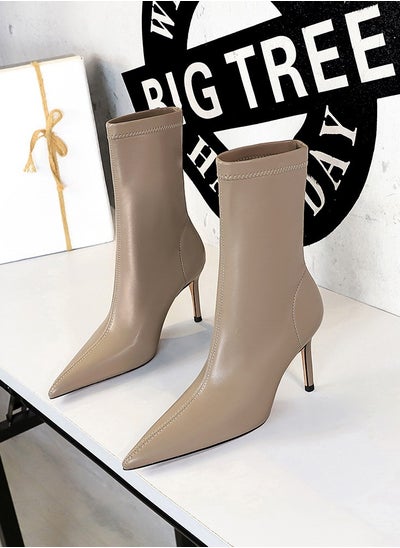 Buy Fashion Simple Slim Heel High Heel Elastic Lycra Pointed Ankle Boots Grey in UAE