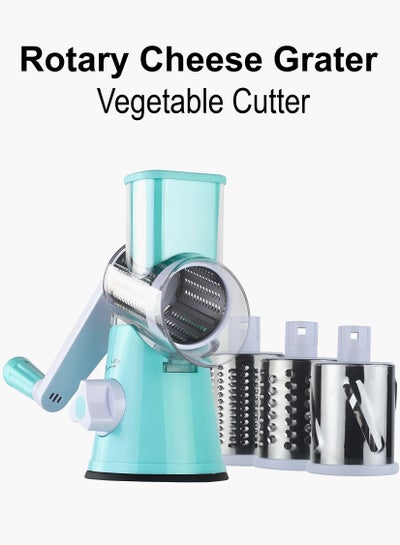 Buy Multi-Function Rotary Cheese Vegetable Cutter Grater Handheld Shredder Manual Grinder with Strong 3 Interchangeable Stainless-Steel Blades Kitchen Tool Slicer Rubber Included Mandoline Vegetable Fruit in UAE