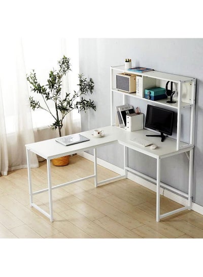 Buy L-Shaped Desk with Hutch, Computer Desk Home Office Gaming Table Workstation with Storage Bookshelf White  140x148x120 in UAE