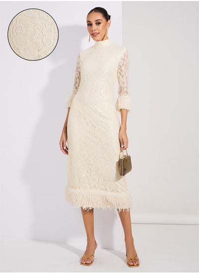 Buy Lace Insert Faux Fur Detail Sheath Midi Dress in Saudi Arabia