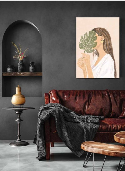 Buy Framed Canvas Wall Art Stretched Over Wooden Frame, Woman With Leaf Painting, For Home, Living Room, Office Decor in Saudi Arabia