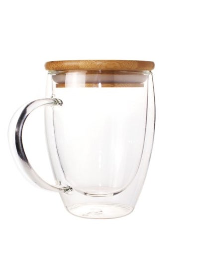 Buy Double Wall Glass Coffee Mugs With Handle And Bamboo Lid 350ml in UAE
