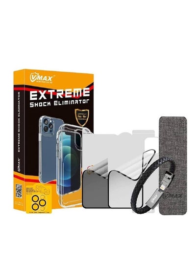 Buy VMAX Extreme Shock Eliminator iPhone 15 Pro Max with Transparent clamp and back cover, Magnetic Phone back grip, Lens Protection for the camera, Leather Bracelet for mobile charging in UAE