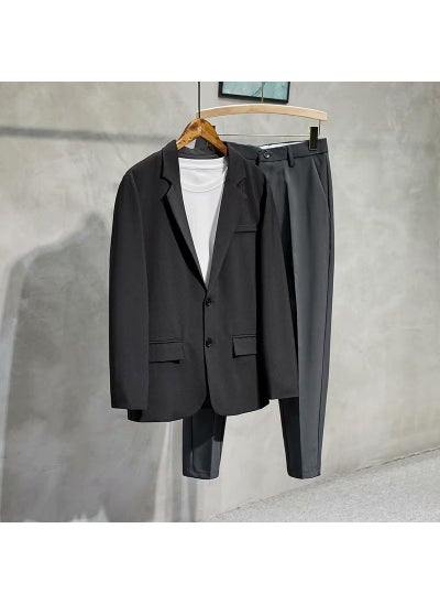 اشتري 2021 Mens Slim Fit Blazer Mid-Length Korean Style Suit Jacket Black في السعودية