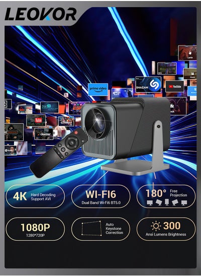 اشتري جهاز عرض محمول، جهاز عرض ذكي 4K FHD Natvie 1080P 300ANSI مع WiFi 6، BT 5.0، دوران 180 درجة، تصحيح الانحراف التلقائي، نظام Android 11.0 متكامل متوافق مع المسرح المنزلي المحمول (أسود) في السعودية