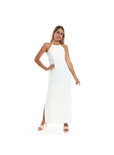 Buy Side Slits Backless Halter Neck Of White Cover Up Dress in Egypt