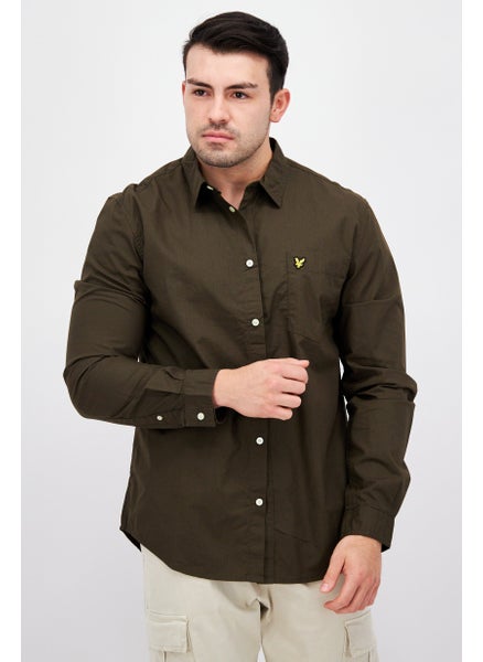 Buy Men Regular Fit Embroidered Logo Long Sleeves Casual Shirt, Olive in UAE