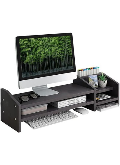 Buy Monitor Stand 2 Tier Wooden Monitor Stand With Storage Cabinet Multi Purpose Desktop Organiser For Computer Laptop Printer Black in Saudi Arabia