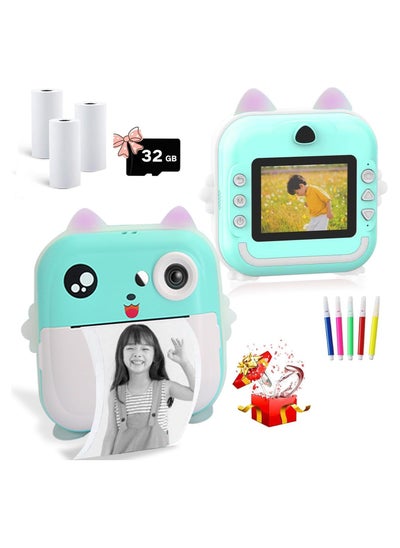 Buy Kids Camera, Instant Camera for Kids, No Ink Print Paper, 32G SD Card, 1080P Portable Paper Film Zero Ink Instant Printing Selfie, Photo Video, Birthday Festival Gifts for Kids (Blue) in UAE