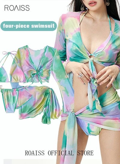 Buy Women 4pcs Tie Dye Gradient Halter Triangle Bikini Swimsuit Cover Up Top with Skirt Set Swimwear Ladies Beachwear Bathing Suit for Summer Multicolor in UAE