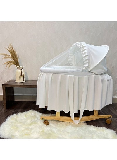 Buy Moses Basket White Color with Wooden Wheels Stand in Saudi Arabia