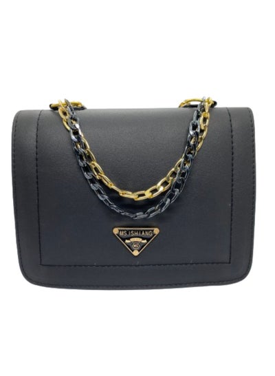 Buy A classy women's leather bag, black in color, with a gold and black metal handle in Egypt