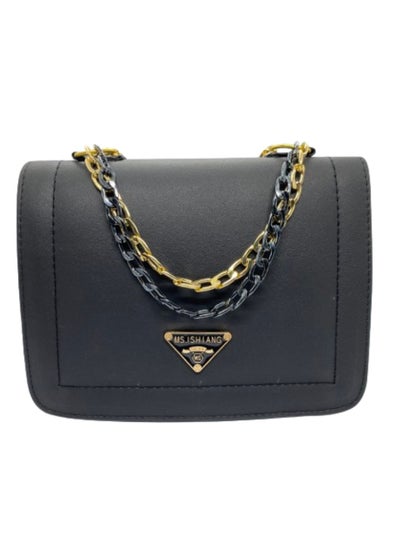 Buy A classy women's leather bag, black in color, with a gold and black metal handle in Egypt