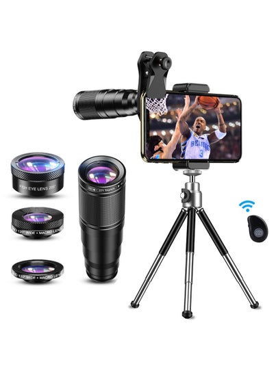 اشتري APEXEL 4 in 1 Optic HD Phone Camera Lens Kit Telephoto Zoom Monocular Telescope 22X Lens + Macro Wide Fisheye With Remote Tripod في الامارات