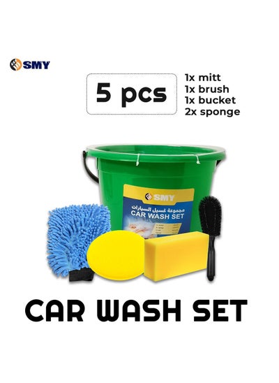 اشتري Comprehensive SMY Car Cleaning Combo - 5 Pcs Set with Wash Mitt, Brush, Bucket, and Sponges for a Thorough Clean في السعودية