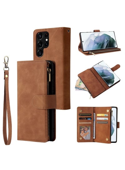 Buy Compatible with Samsung Galaxy S22 Ultra 5G Wallet Case Premium PU Leather Zipper Folio RFID Blocking with Card Slot Wrist Strap Magnetic Closure Built in Kickstand Protective Case Brown in Saudi Arabia