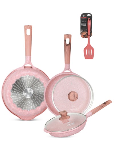 اشتري Frying Pan Set with Lid & Silicone Turner -Die Cast Aluminum Body With Multi Layer Granite Non-Stick Coating | 100% PFOA FREE | Heat-Resistant Handle Hanging Loop (20/22/26 CM, Pink) في الامارات