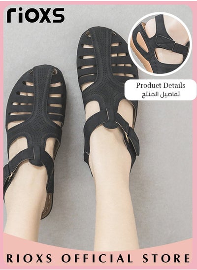 Buy Women's Hollow Roman Wedge Sandals Round Open Toe Sandals Summer Comfortable Buckle Sandals in Saudi Arabia