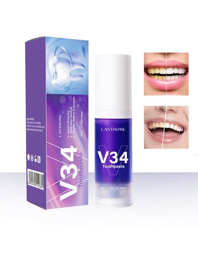 Buy V34 purple toothpaste for teeth whitening, color correcting whitening toothpaste, tooth color correcting serum, purple toothpaste, stain removal, whitening toothpaste. (30ml) in Saudi Arabia