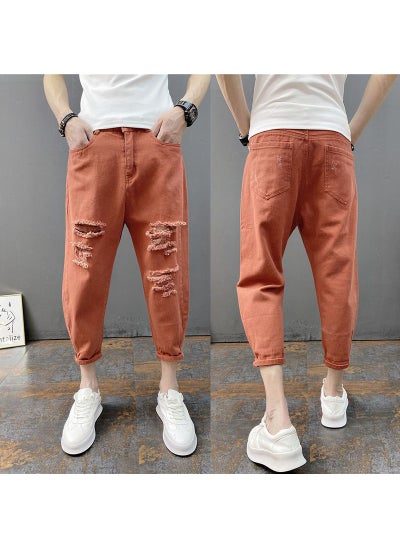 اشتري 2023 Mens Ripped Skinny Jeans Korean Fashion Orange في السعودية