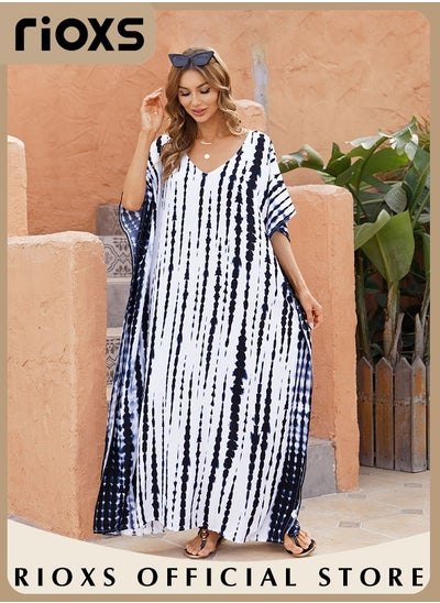 Buy Women's Casual Printed Beach Kaftan Maxi Dresses Short Sleeve Quick Dry Loose Plus Size Long Swimsuit Cover Ups in Saudi Arabia