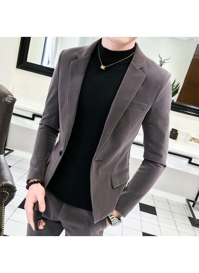 Buy 2022 Autumn Trendy Mens Slim Velvet Suit Set Grey in UAE