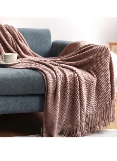 Buy Tassel Design Knitted Textured Soft Throw Blanket Keep Warm Dusty Pink in UAE