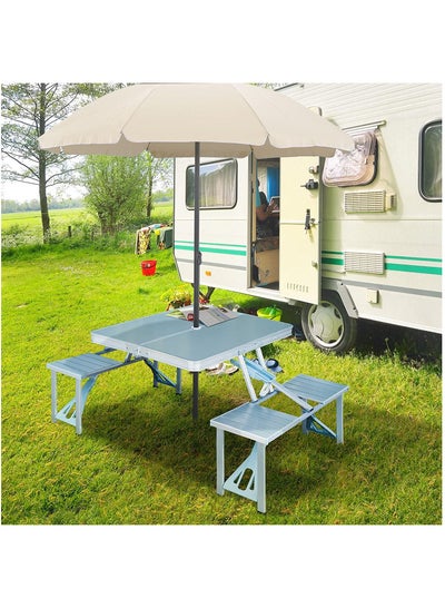 Buy Folding Camping Picnic Table with 4 Seats with Garden Umbrella Hole Portable Table Aluminum Alloy Frame with Soft Handle Suitable for Barbecue Travel Outing in UAE