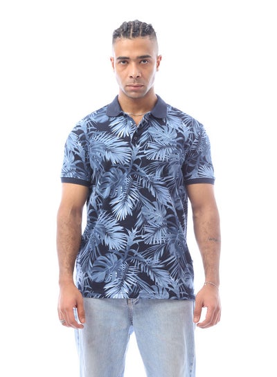 Buy Navy Blue & Baby Blue Tropical Leaves Polo Shirt in Egypt