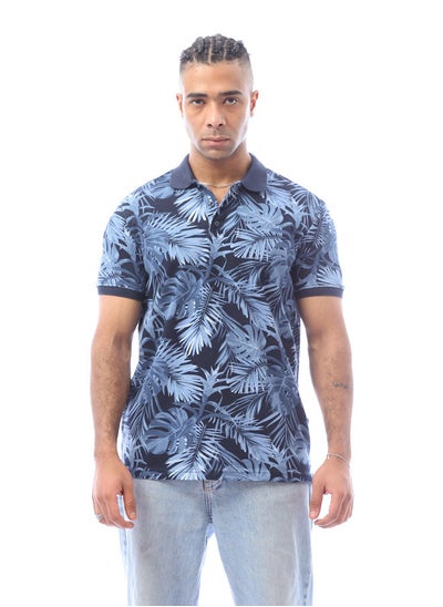 Buy Navy Blue & Baby Blue Tropical Leaves Polo Shirt in Egypt