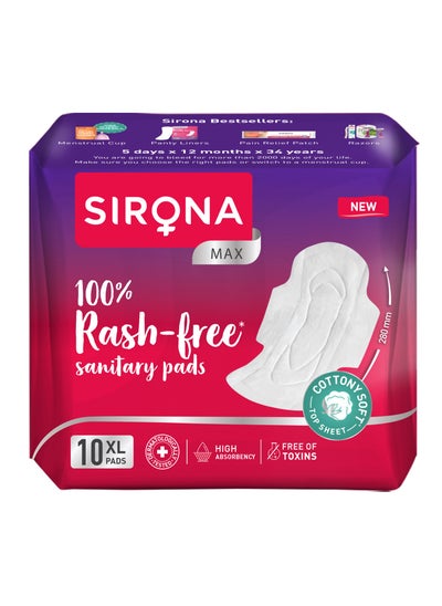 Buy Sirona Max Sanitary Pads for Women | XL (Pack of 10 Pads) | 100% Rash Free & Toxic-Free | Organic Cotton Sanitary Pad | Up to 0% Leakage, Comfortable & High Absorbency in UAE