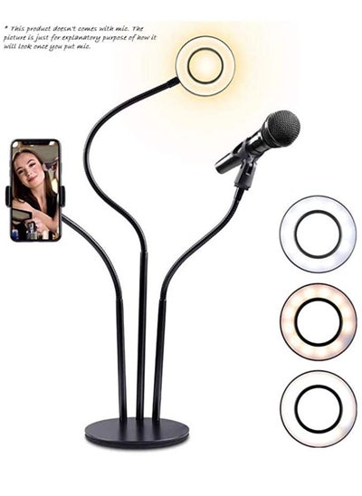 Buy 3 in 1 Phone Stand Holder Clip Selfie Ring Light 3 Color Adjustable and Microphone in UAE