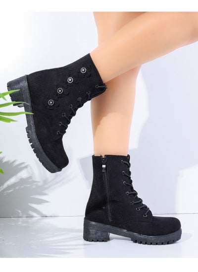 Buy Boot Mid Heels Suede With Flower - Black E-16 in Egypt