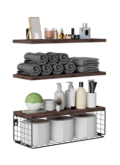 Buy Floating Shelves Wall Mounted Set of 3, Rustic Wood Bathroom Shelves Over Toilet with Paper Storage Basket, Floating Shelf for Kitchen Living Room,Bedroom Shelves,Bathroom Shelf in Saudi Arabia