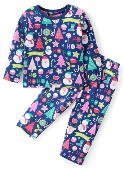 اشتري Babyhug Cotton Knit Full Sleeves Co-ord Night Suit with Christmas Theme Print - Navy Blue في الامارات