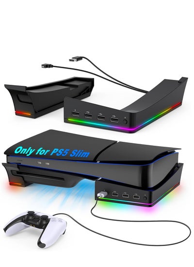 Buy Horizontal Stand Holder for PS5 Slim Console, Non-Slip Base with 14 RGB Light Modes and 4-Port USB Ports for Playstation 5 Slim Disc & Digital Edition in Saudi Arabia